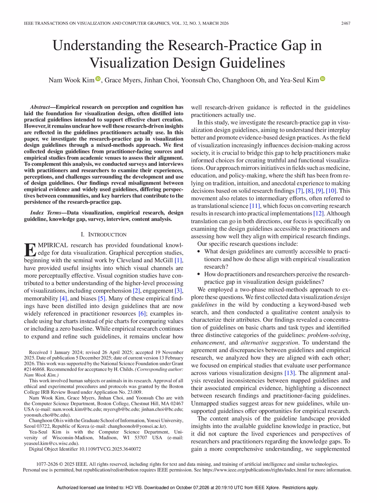 Top of the first page of the paper “Understanding the Research-Practice Gap in Visualization Design Guidelines”.