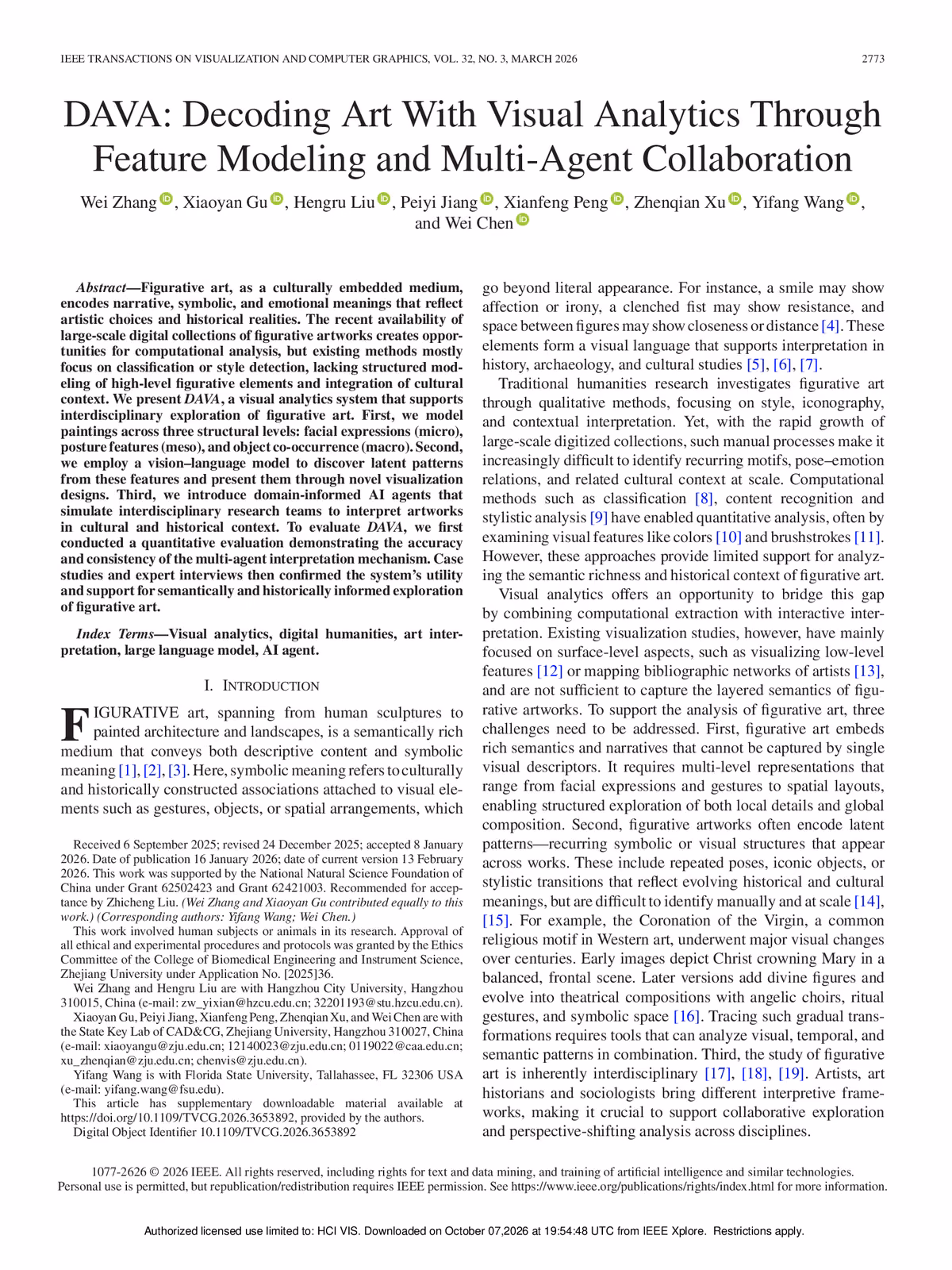 Top of the first page of the paper “DAVA: Decoding Art With Visual Analytics Through Feature Modeling and Multi-Agent Collaboration”.