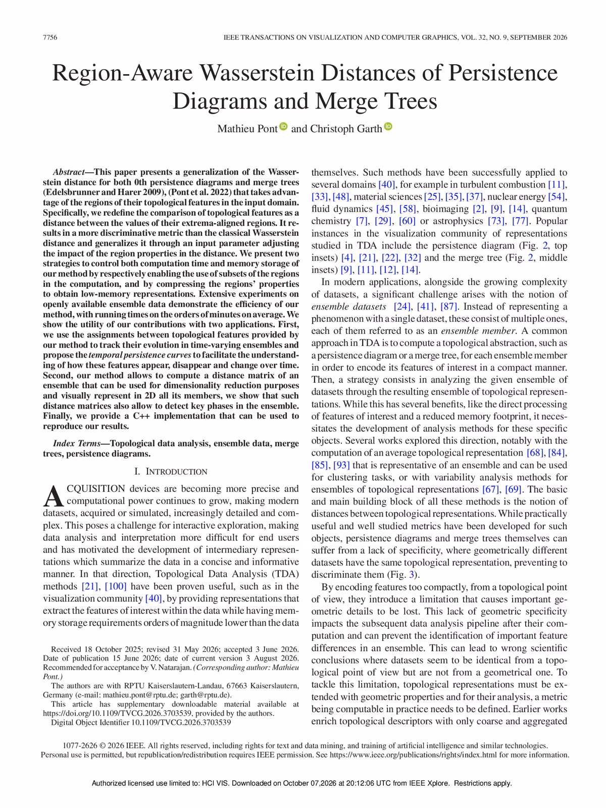 Top of the first page of the paper “Region-Aware Wasserstein Distances of Persistence Diagrams and Merge Trees”.