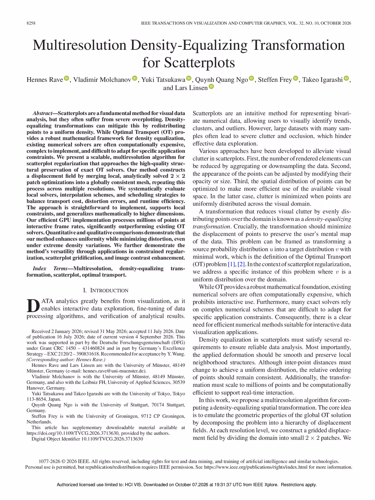 Top of the first page of the paper “Multiresolution Density-Equalizing Transformation for Scatterplots”.