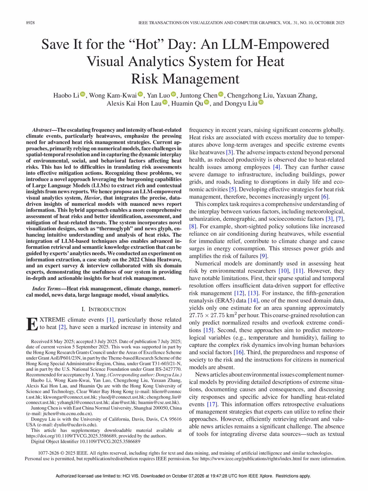 Top of the first page of the paper “Save It for the “Hot” Day: An LLM-Empowered Visual Analytics System for Heat Risk Management”.