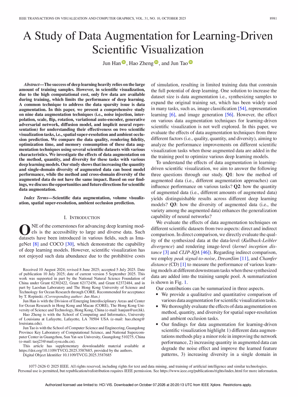 Top of the first page of the paper “A Study of Data Augmentation for Learning-Driven Scientific Visualization”.