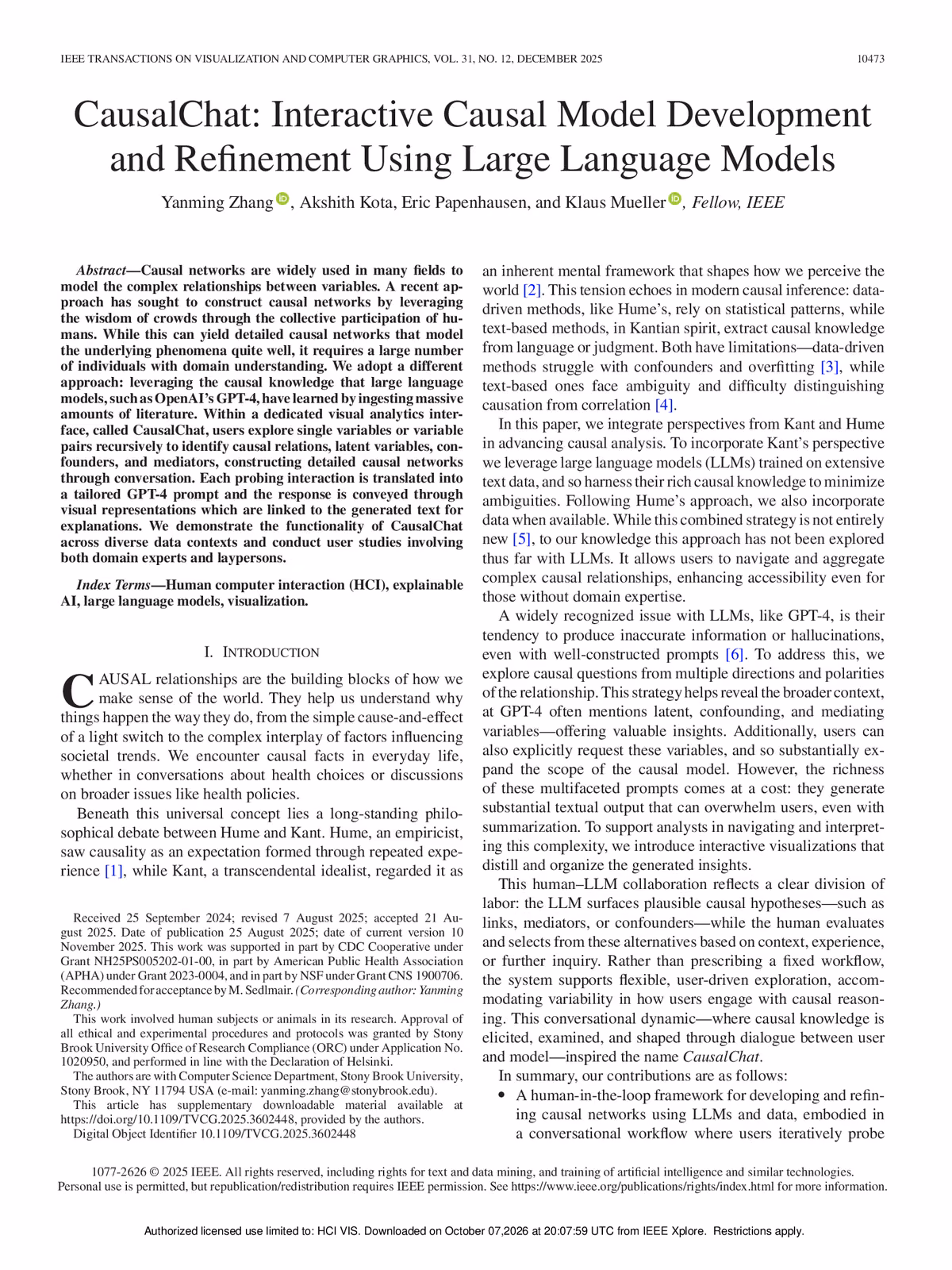 Top of the first page of the paper “CausalChat: Interactive Causal Model Development and Refinement Using Large Language Models”.