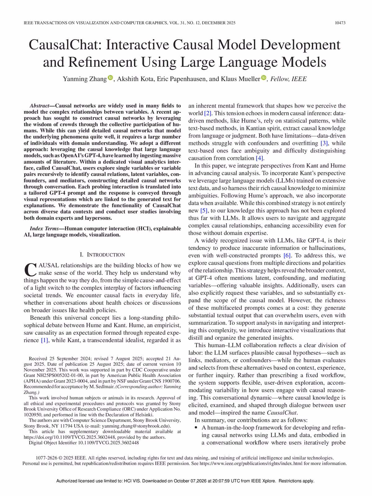 Top of the first page of the paper “CausalChat: Interactive Causal Model Development and Refinement Using Large Language Models”.