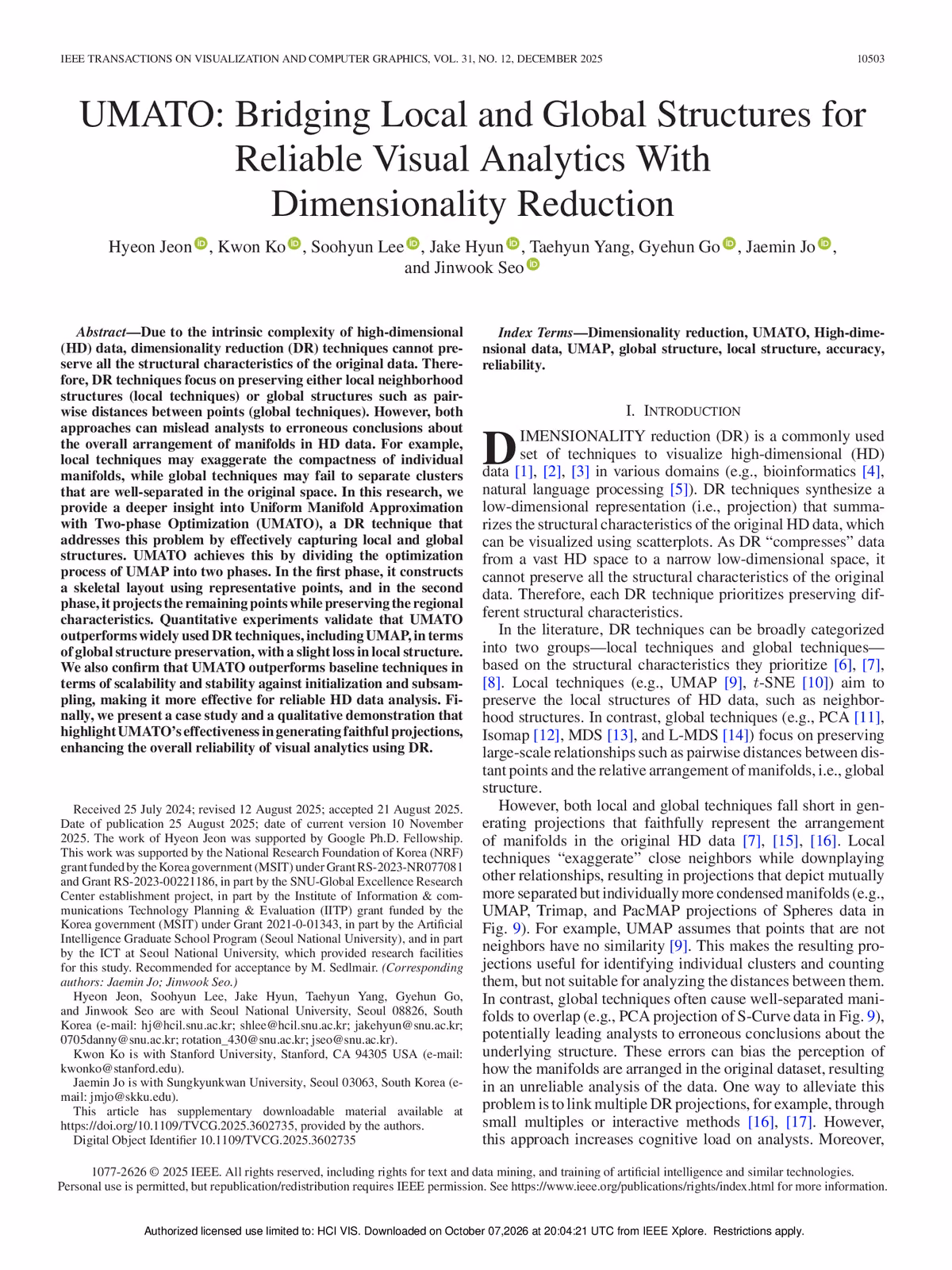 Top of the first page of the paper “UMATO: Bridging Local and Global Structures for Reliable Visual Analytics with Dimensionality Reduction”.