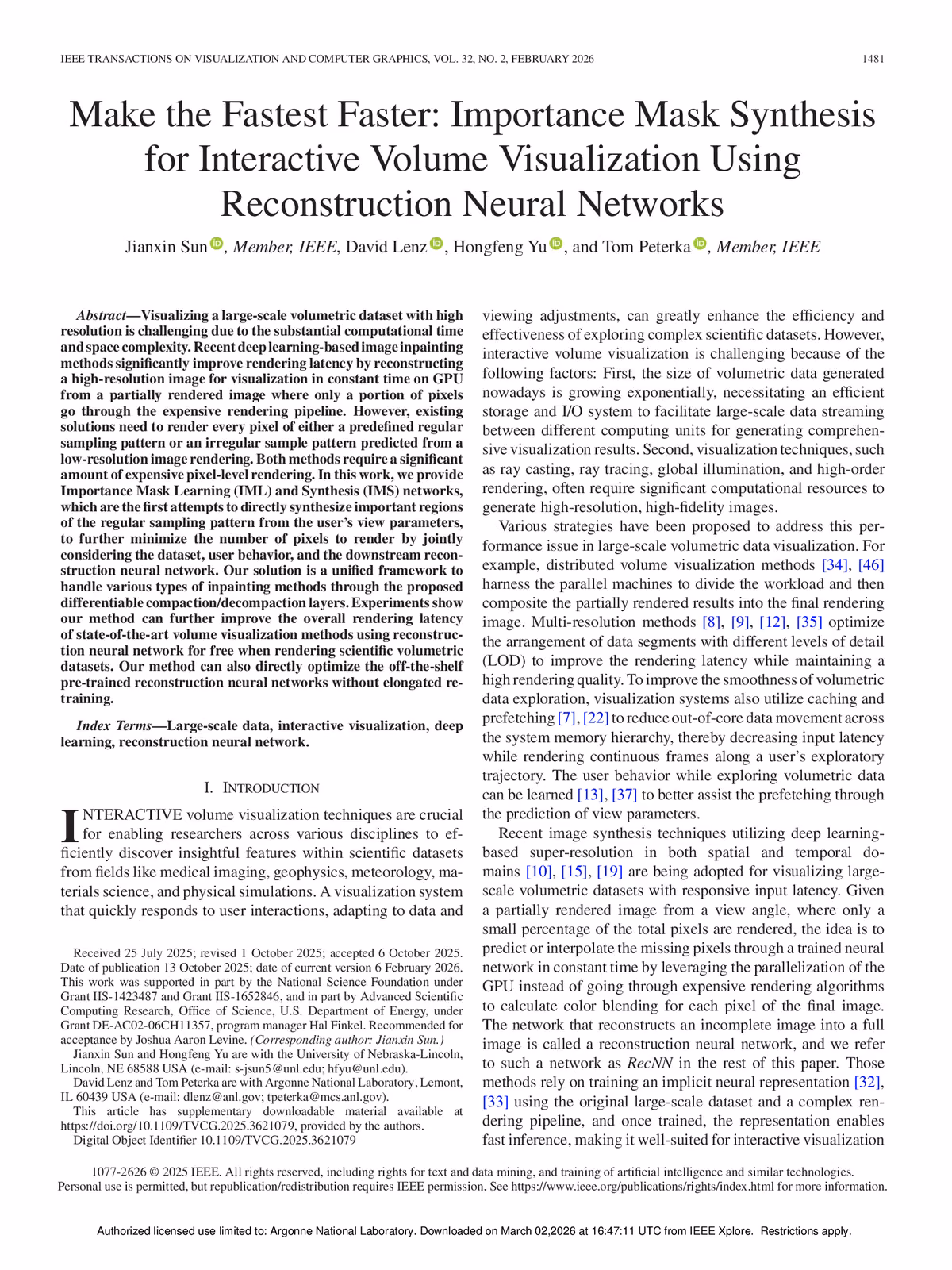Top of the first page of the paper “Make the Fastest Faster: Importance Mask Synthesis for Interactive Volume Visualization using Reconstruction Neural Networks”.