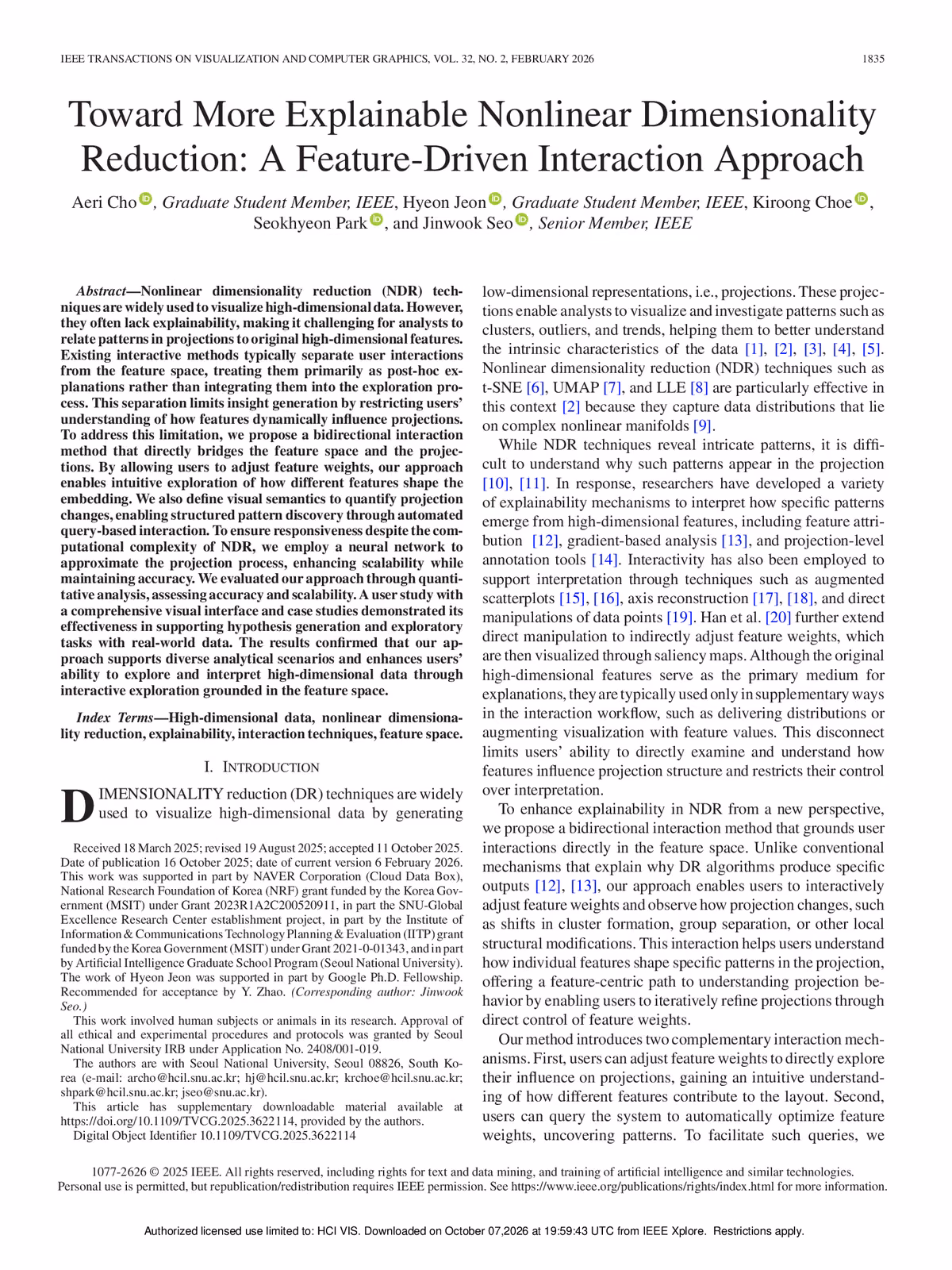 Top of the first page of the paper “Toward More Explainable Nonlinear Dimensionality Reduction: A Feature-Driven Interaction Approach”.