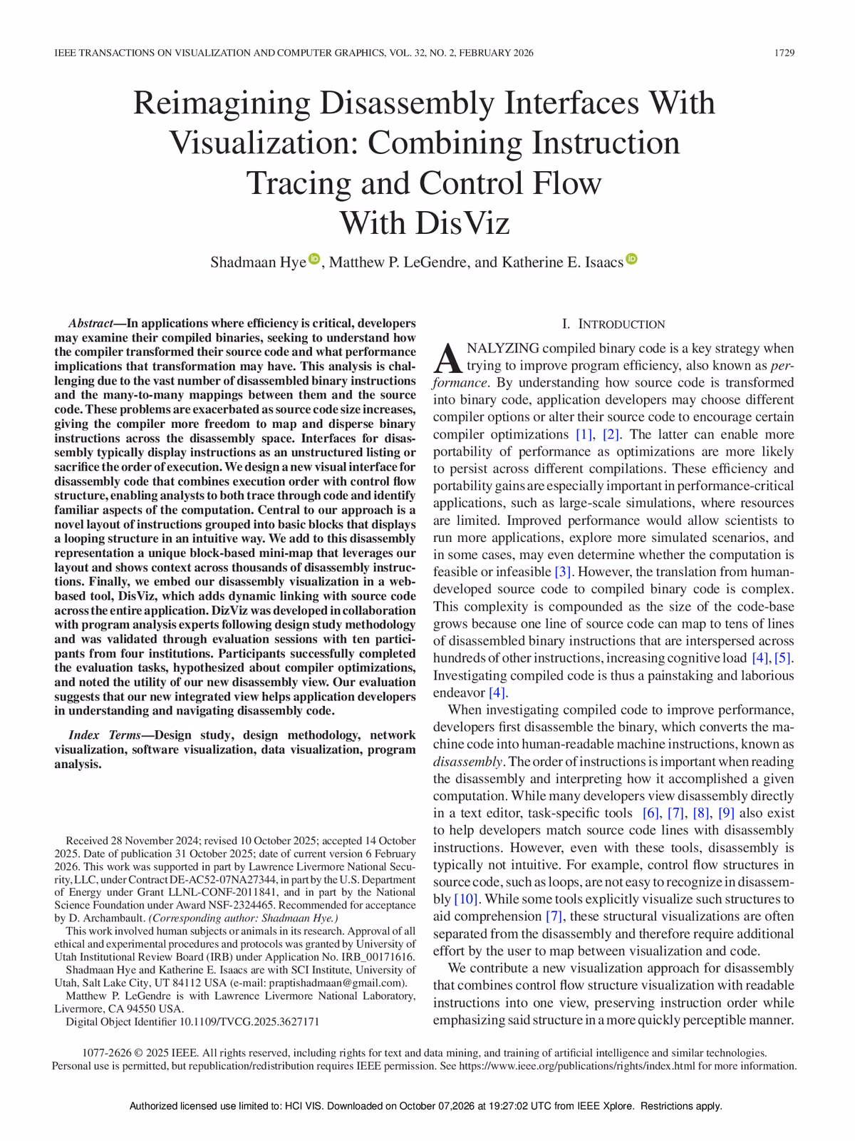 Top of the first page of the paper “Reimagining Disassembly Interfaces with Visualization: Combining Instruction Tracing and Control Flow with DisViz”.