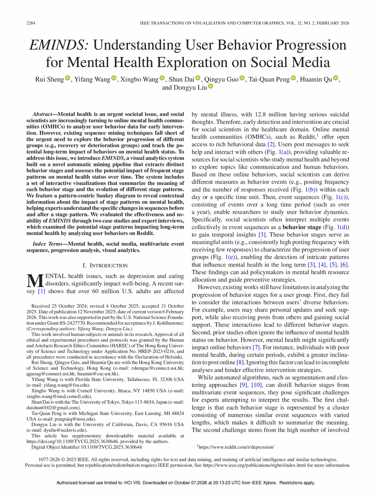 Top of the first page of the paper “EMINDS: Understanding User Behavior Progression for Mental Health Exploration on Social Media”.