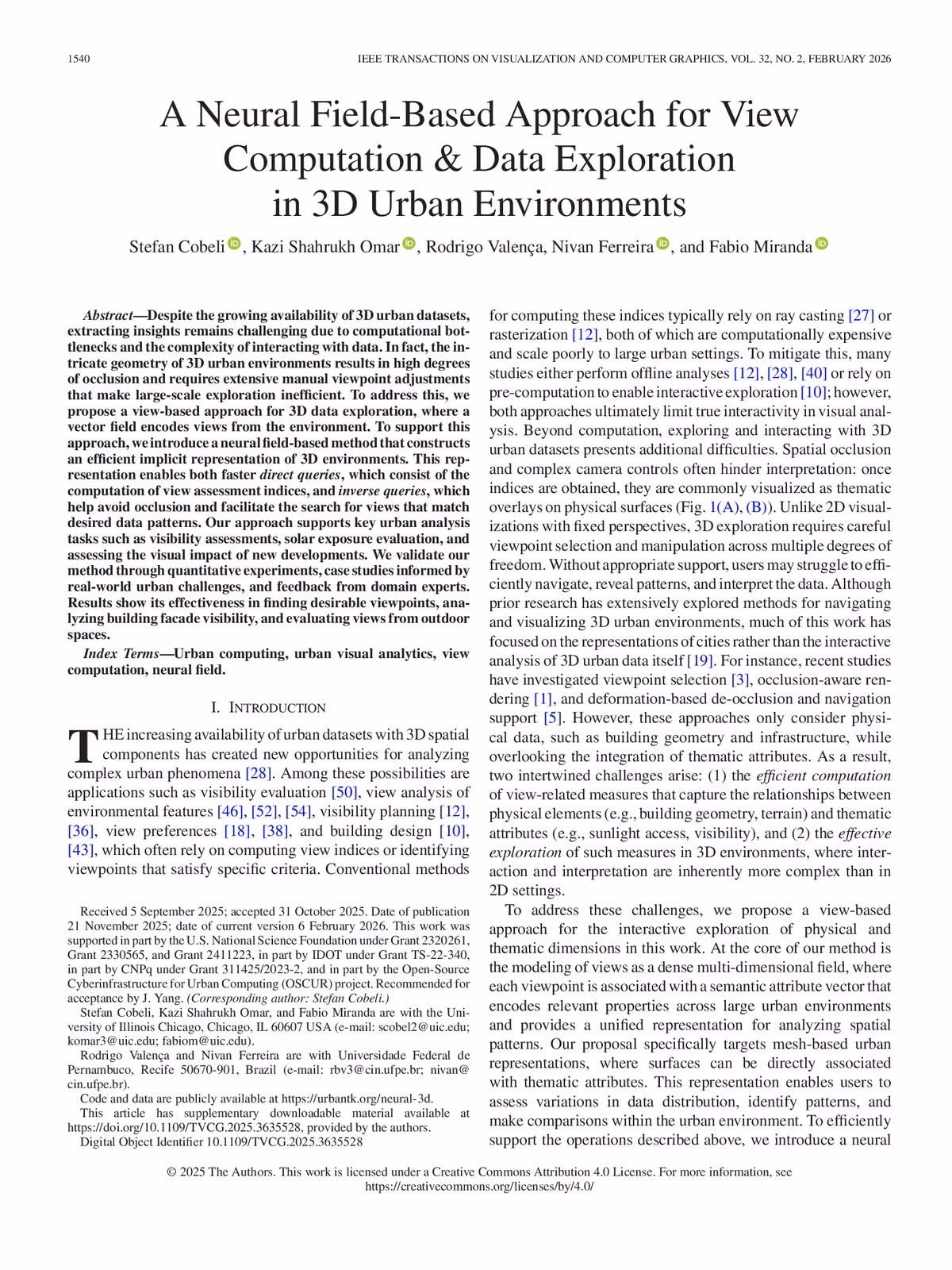 Top of the first page of the paper “A Neural Field-Based Approach for View Computation & Data Exploration in 3D Urban Environments”.