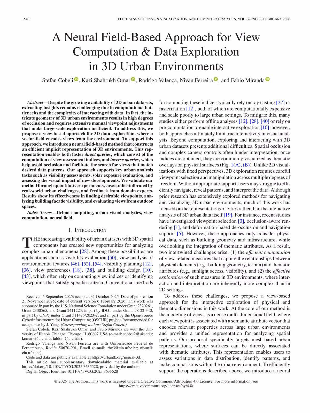 Top of the first page of the paper “A Neural Field-Based Approach for View Computation & Data Exploration in 3D Urban Environments”.