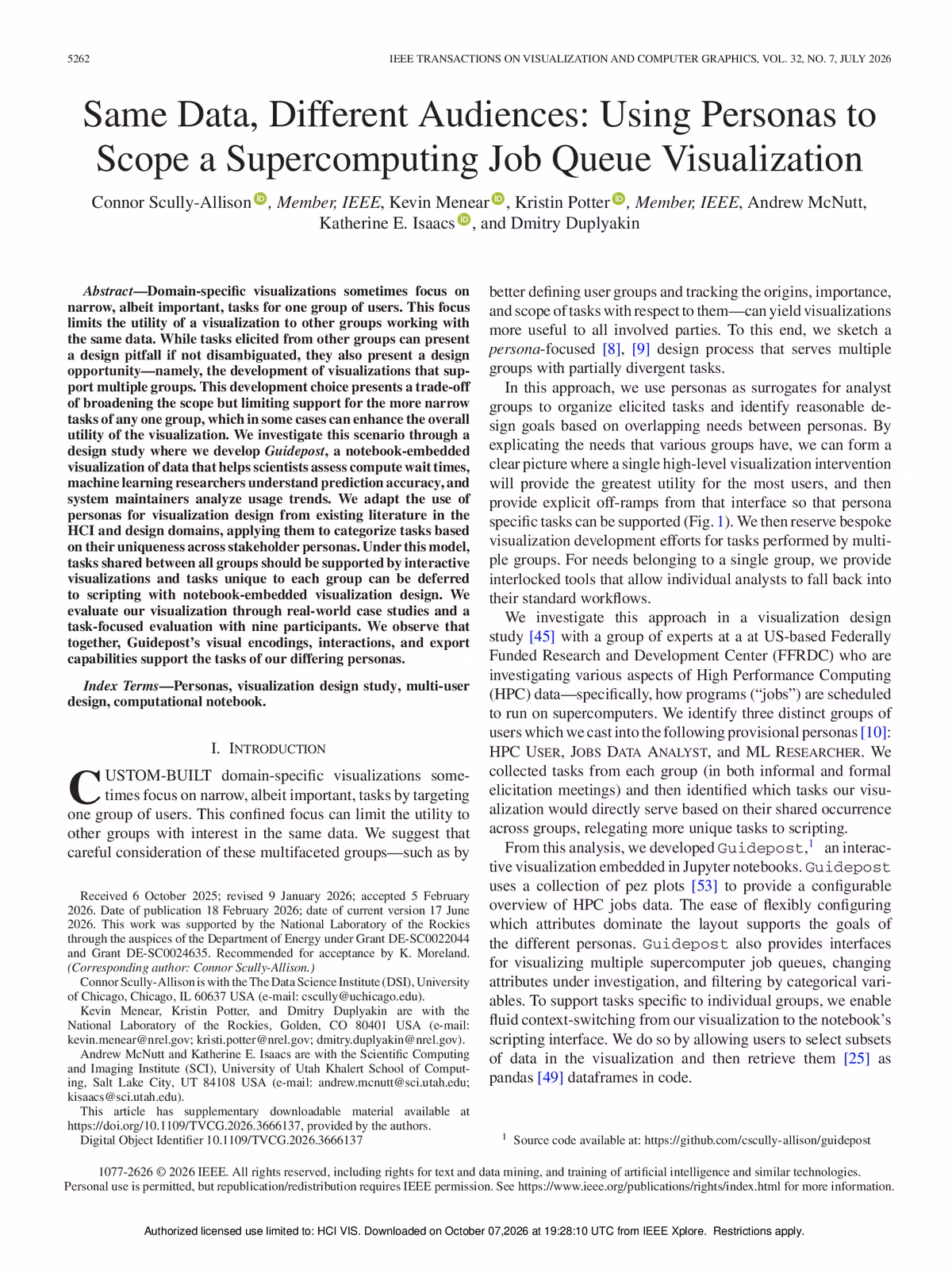 Top of the first page of the paper “Same Data, Different Audiences: Using Personas to Scope a Supercomputing Job Queue Visualization”.