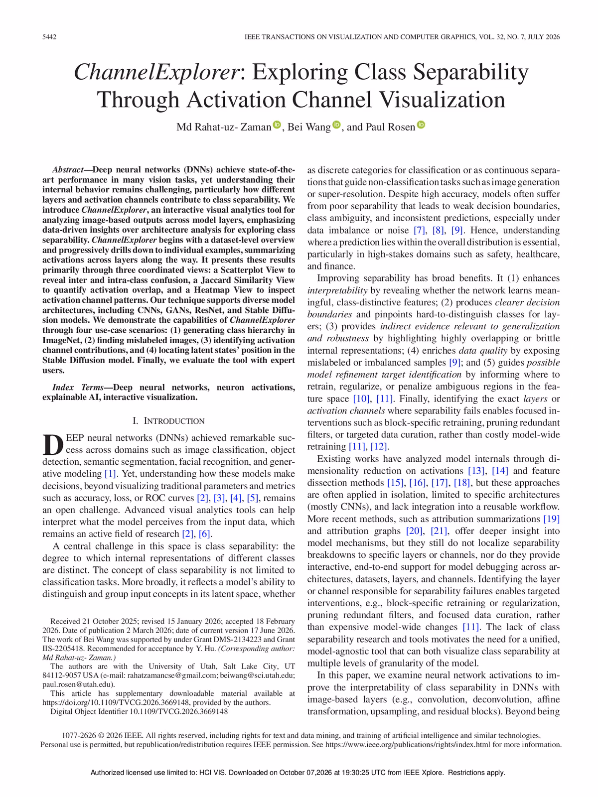 Top of the first page of the paper “ChannelExplorer: Exploring Class Separability Through Activation Channel Visualization”.