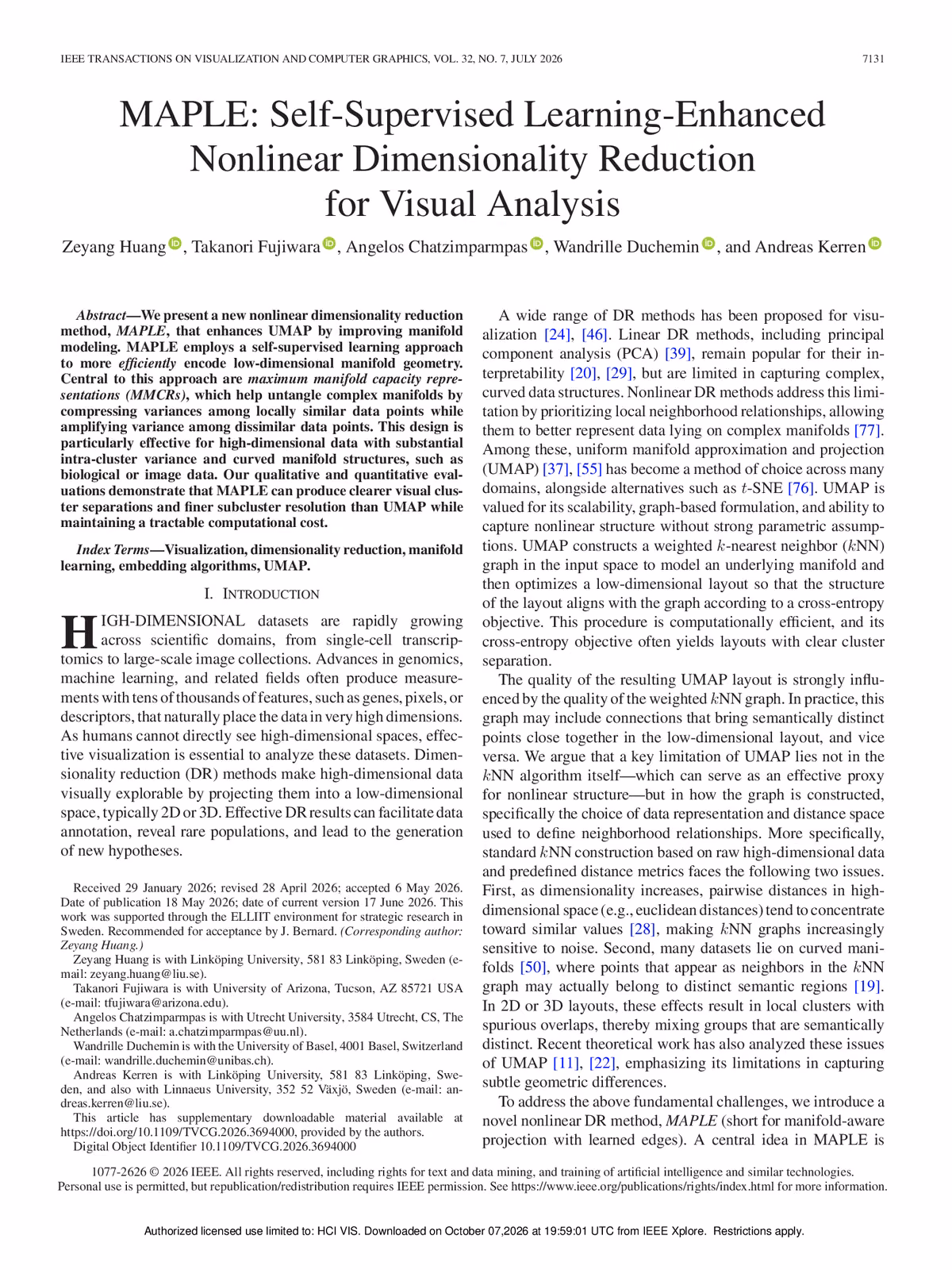 Top of the first page of the paper “MAPLE: Self-supervised Learning-Enhanced Nonlinear Dimensionality Reduction for Visual Analysis”.