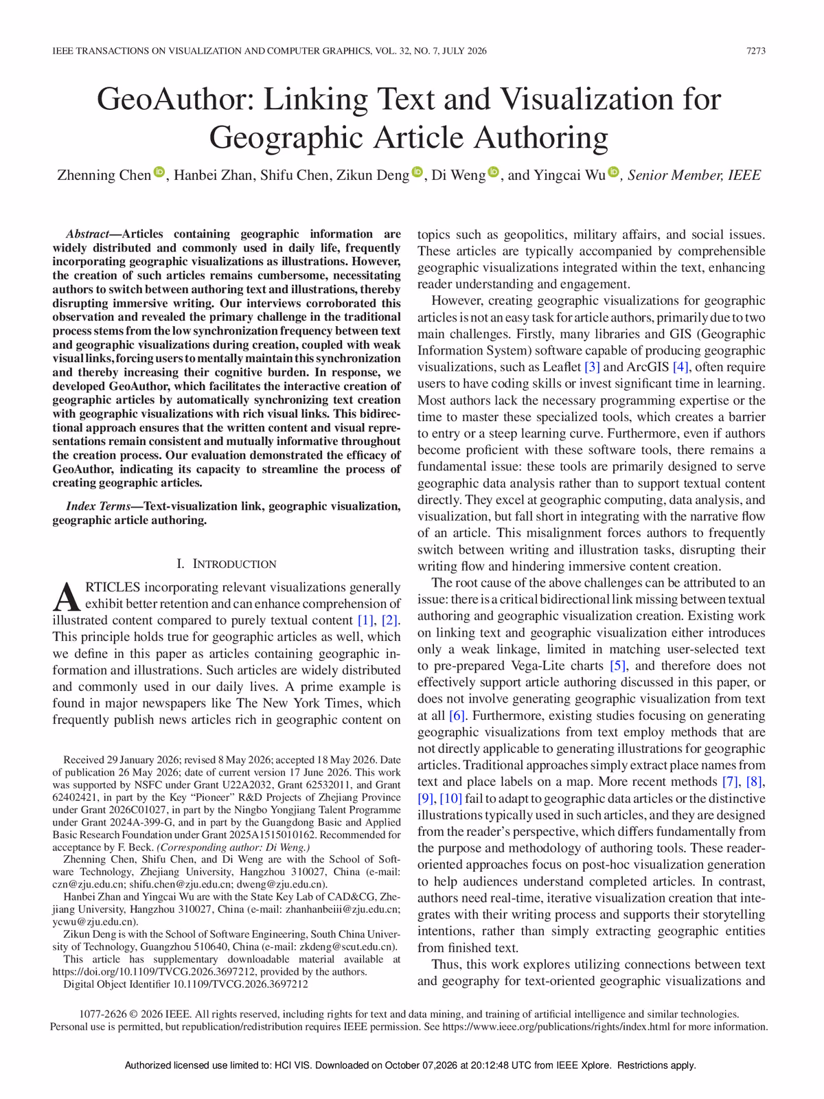 Top of the first page of the paper “GeoAuthor: Linking Text and Visualization for Geographic Article Authoring”.
