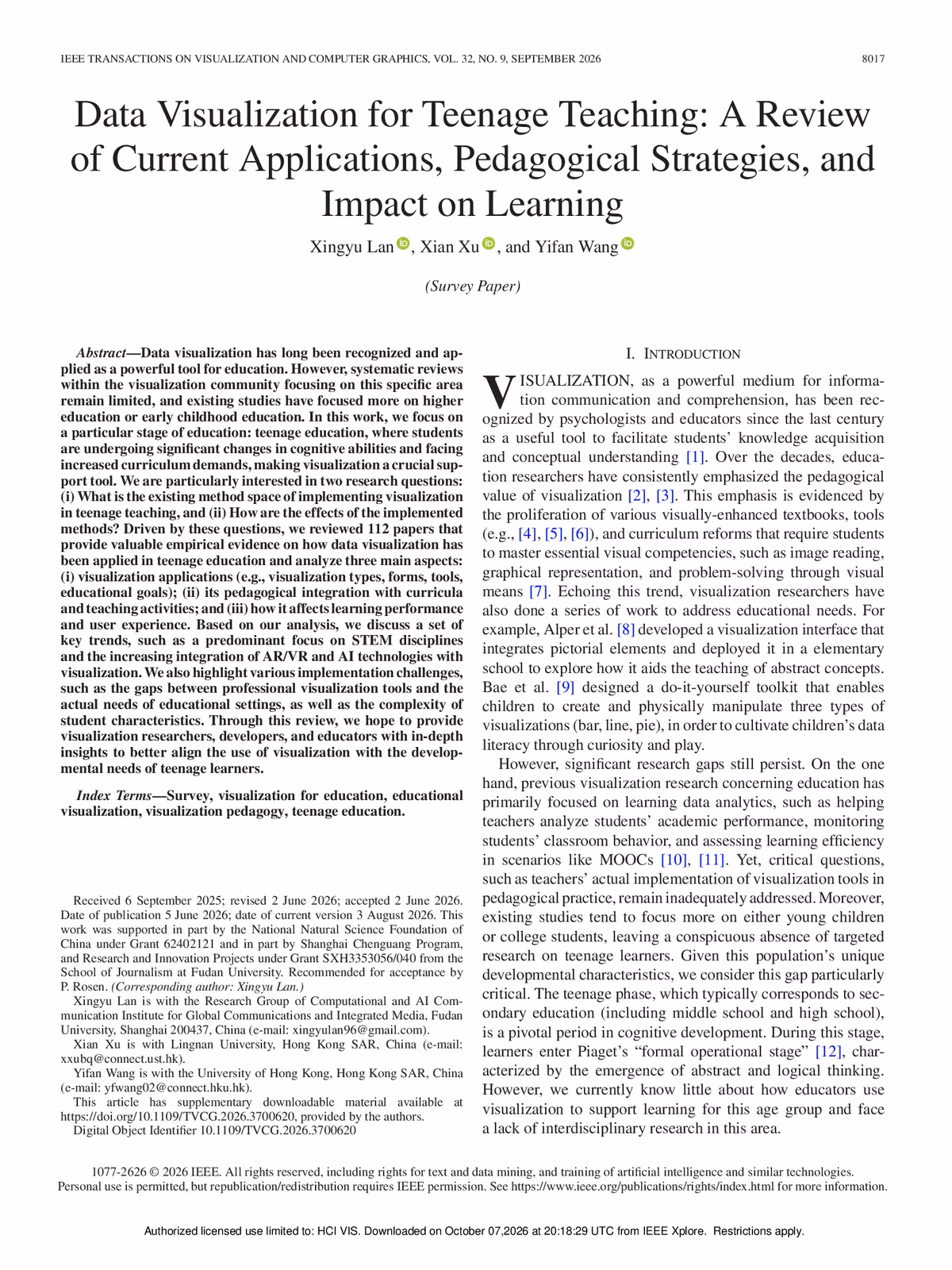 Top of the first page of the paper “Data Visualization for Teenage Teaching: A Review of Current Applications, Pedagogical Strategies, and Impact on Learning”.