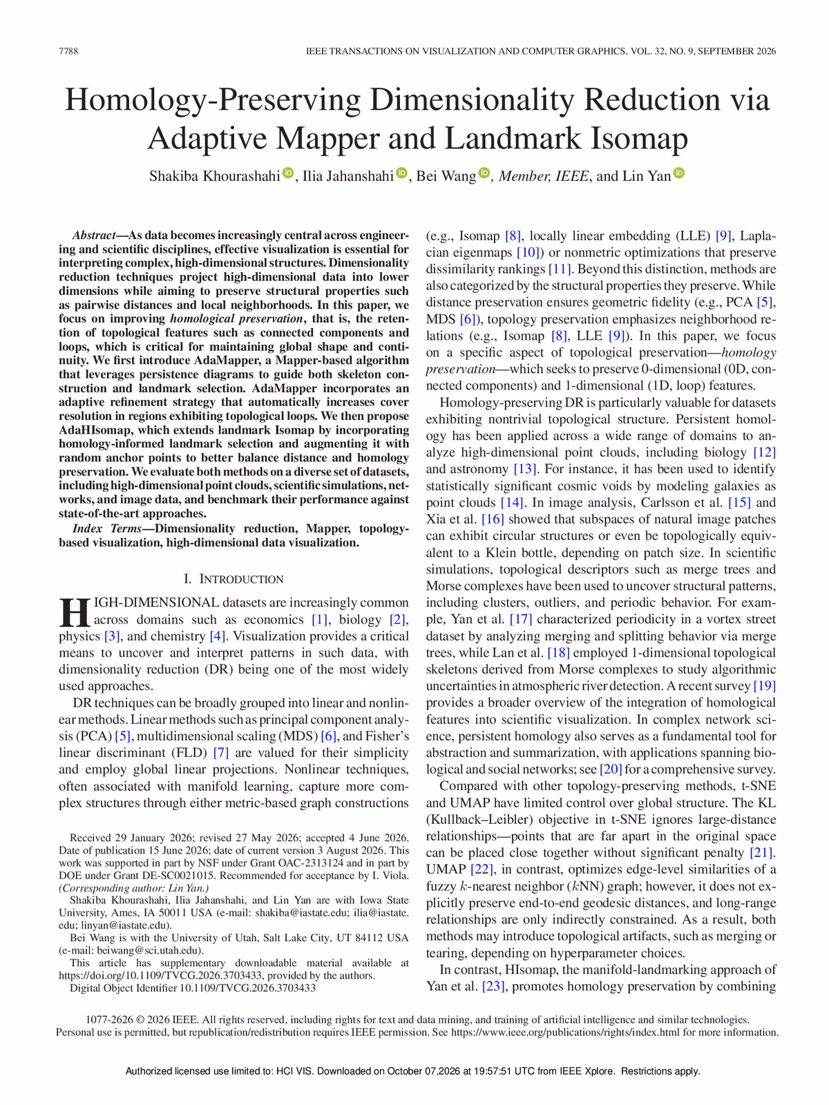 Top of the first page of the paper “Homology-Preserving Dimensionality Reduction via Adaptive Mapper and Landmark Isomap”.
