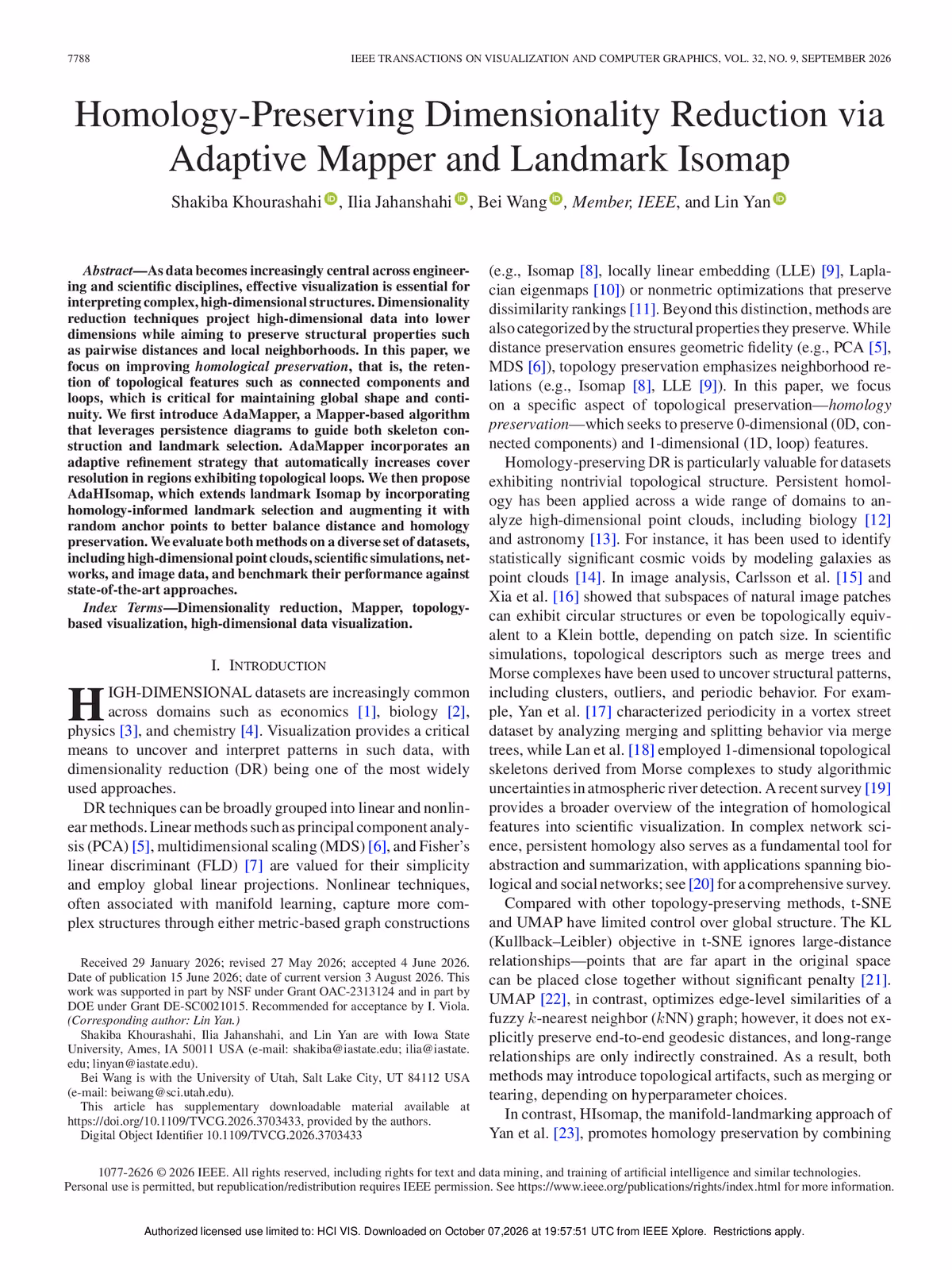 Top of the first page of the paper “Homology-Preserving Dimensionality Reduction via Adaptive Mapper and Landmark Isomap”.
